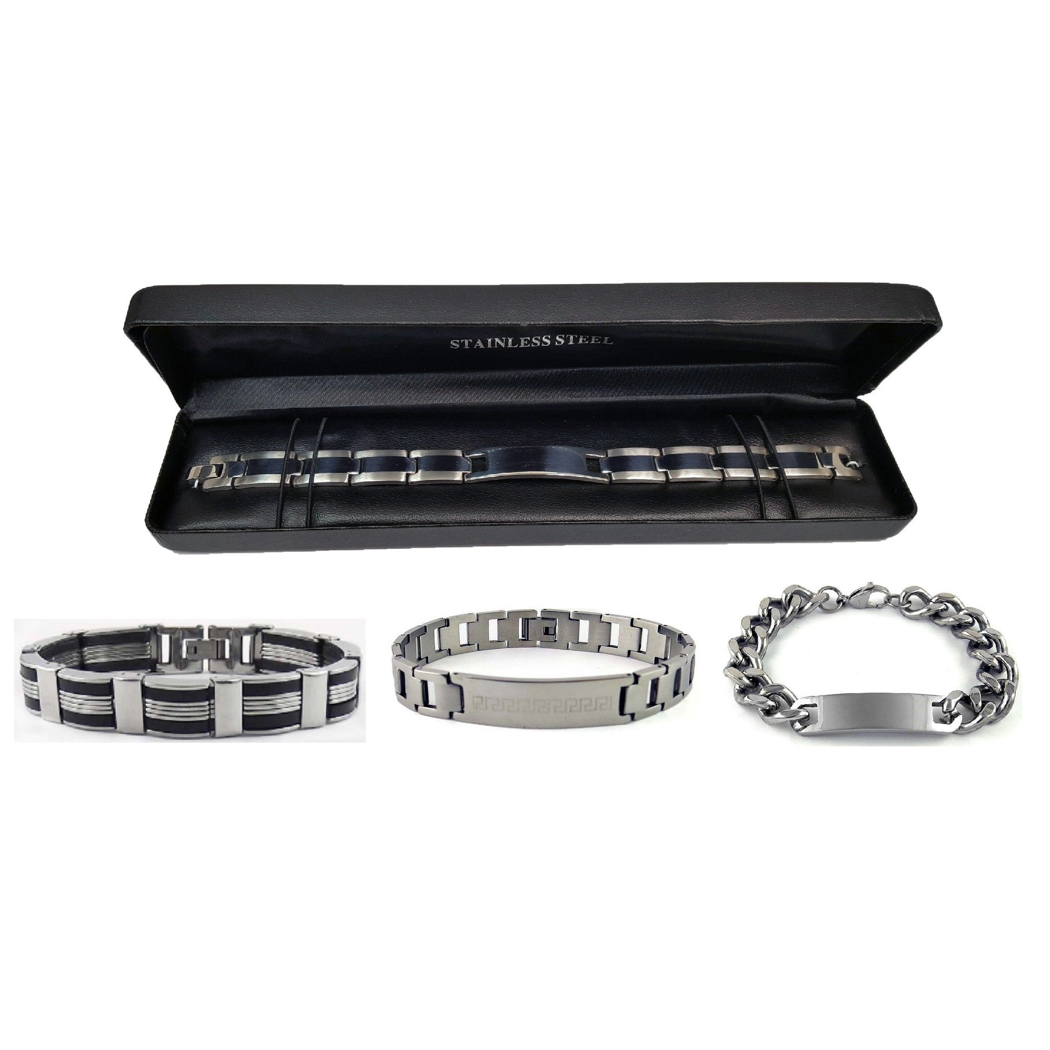 Four stainless steel bracelets, one in an open black display box.